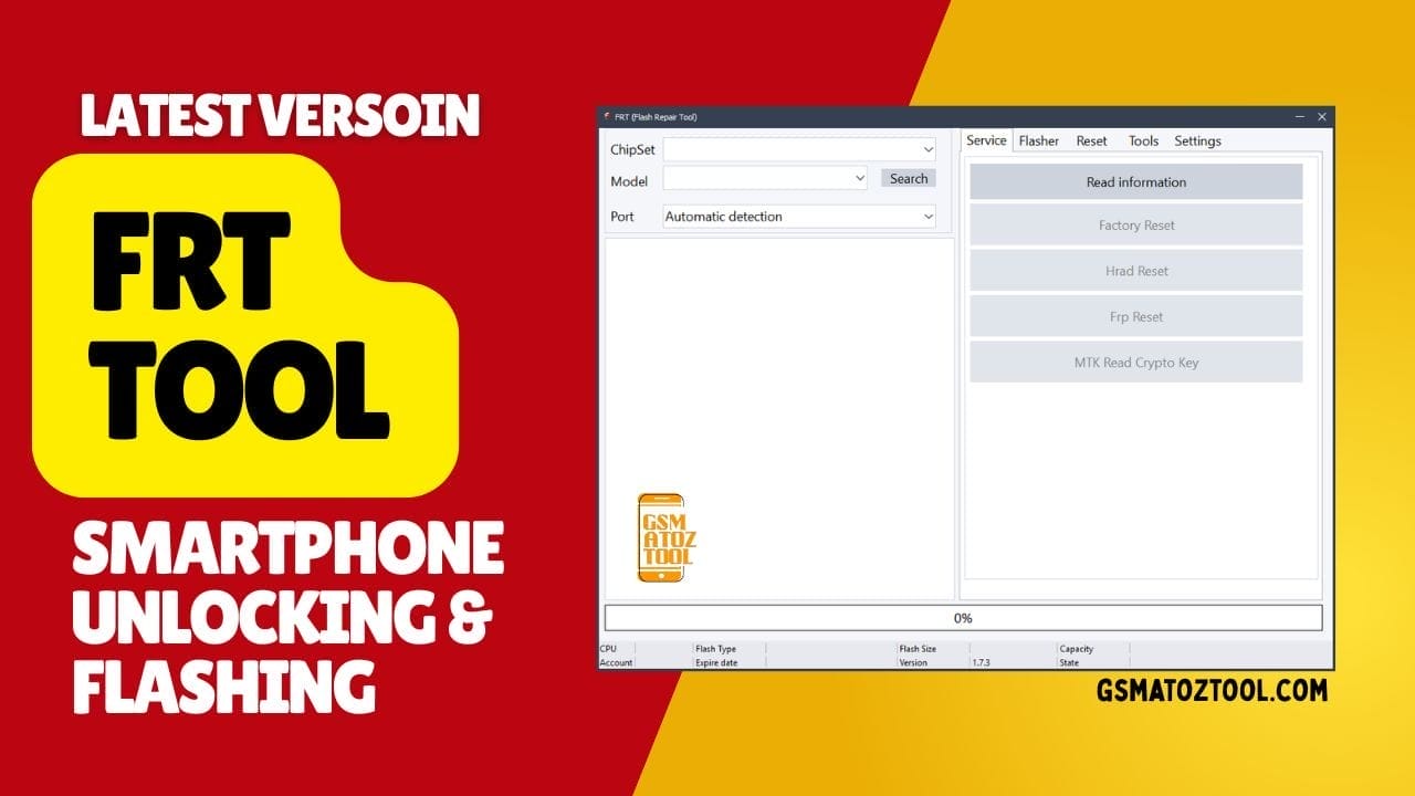 Frt tool v. 1. 7. 5 android flash repair for mtk & qualcomm 1 Frt tool interface showing service tab flasher tab and tools tab options for android flashing frp reset and firmware extraction on mtk and qualcomm phones