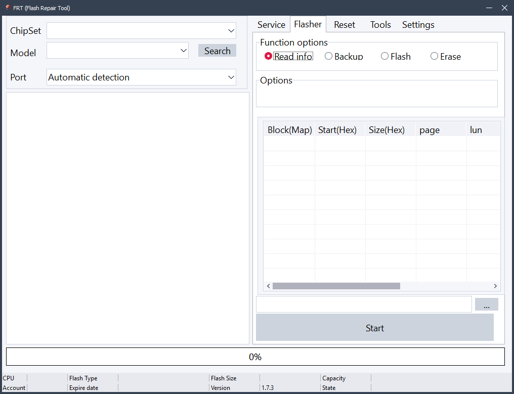 Frt tool v. 1. 7. 5 android flash repair for mtk & qualcomm 3 Frt tool interface showing service tab flasher tab and tools tab options for android flashing and frp removal