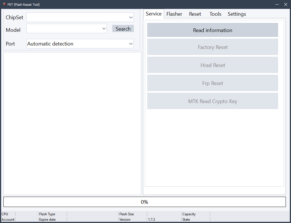 Frt tool v. 1. 7. 5 android flash repair for mtk & qualcomm 2 Frt tool interface showing service tab flasher tab and tools tab options for android flashing and frp reset