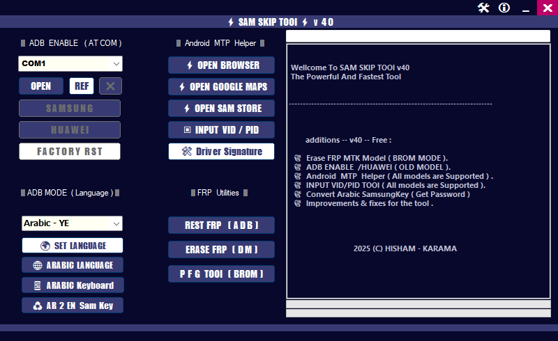Sam skip tool latest version adb mode language mtp helper & frp solutions 2 Sam skip tool v40 interface showing adb enable android mtp helper frp utilities language options and samsung huawei support features.
