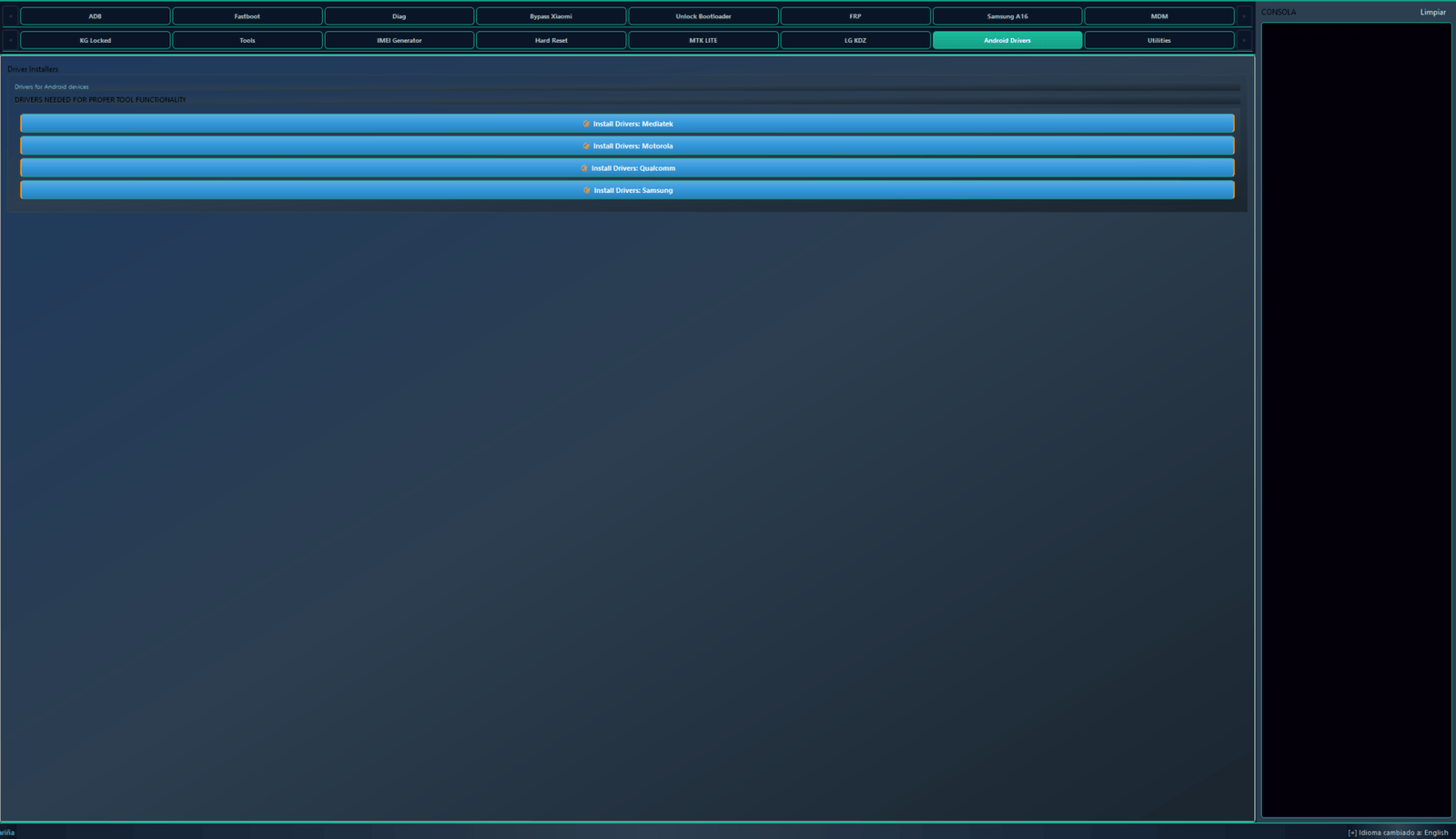 Clancells simple tools v6 bypass frp & unbrick androids 15 Android drivers tab in clancells simple tools showing one-click installation options for mediatek motorola qualcomm and samsung device drivers.
