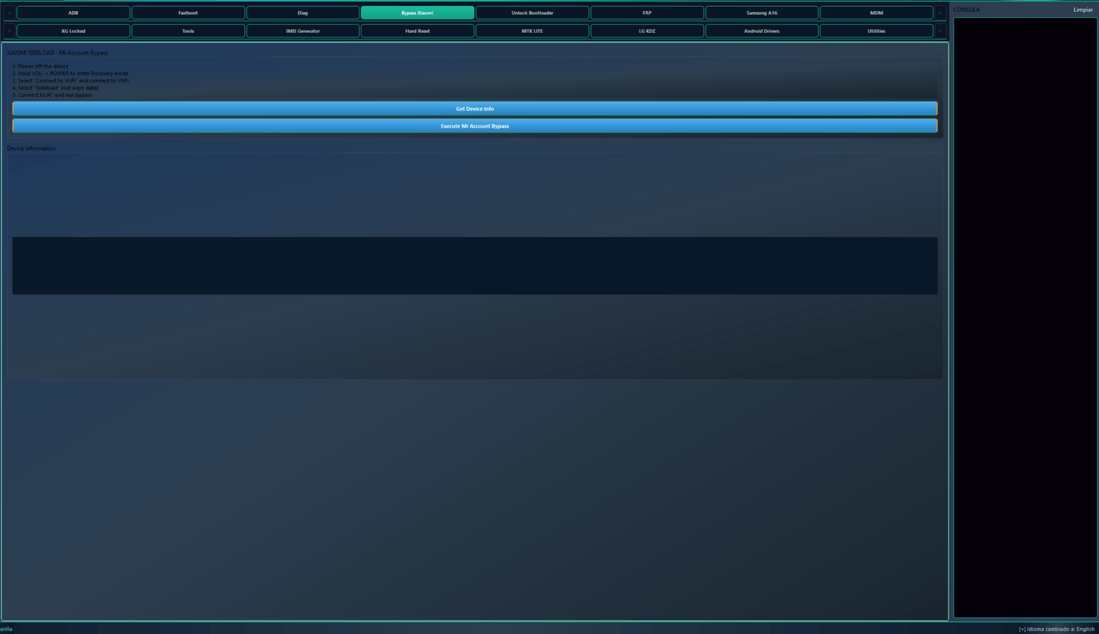 Clancells simple tools v6 bypass frp & unbrick androids 5 Bypass xiaomi tab in clancells simple tools showing instructions and buttons for mi account bypass via sideload mode.