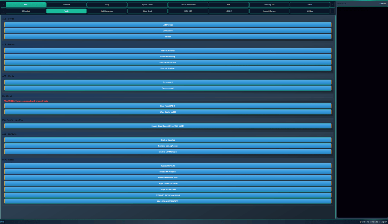 Clancells simple tools v6 bypass frp & unbrick androids 2 Clancells simple tools interface displaying the adb tab with options for frp bypass hard reset and device management.