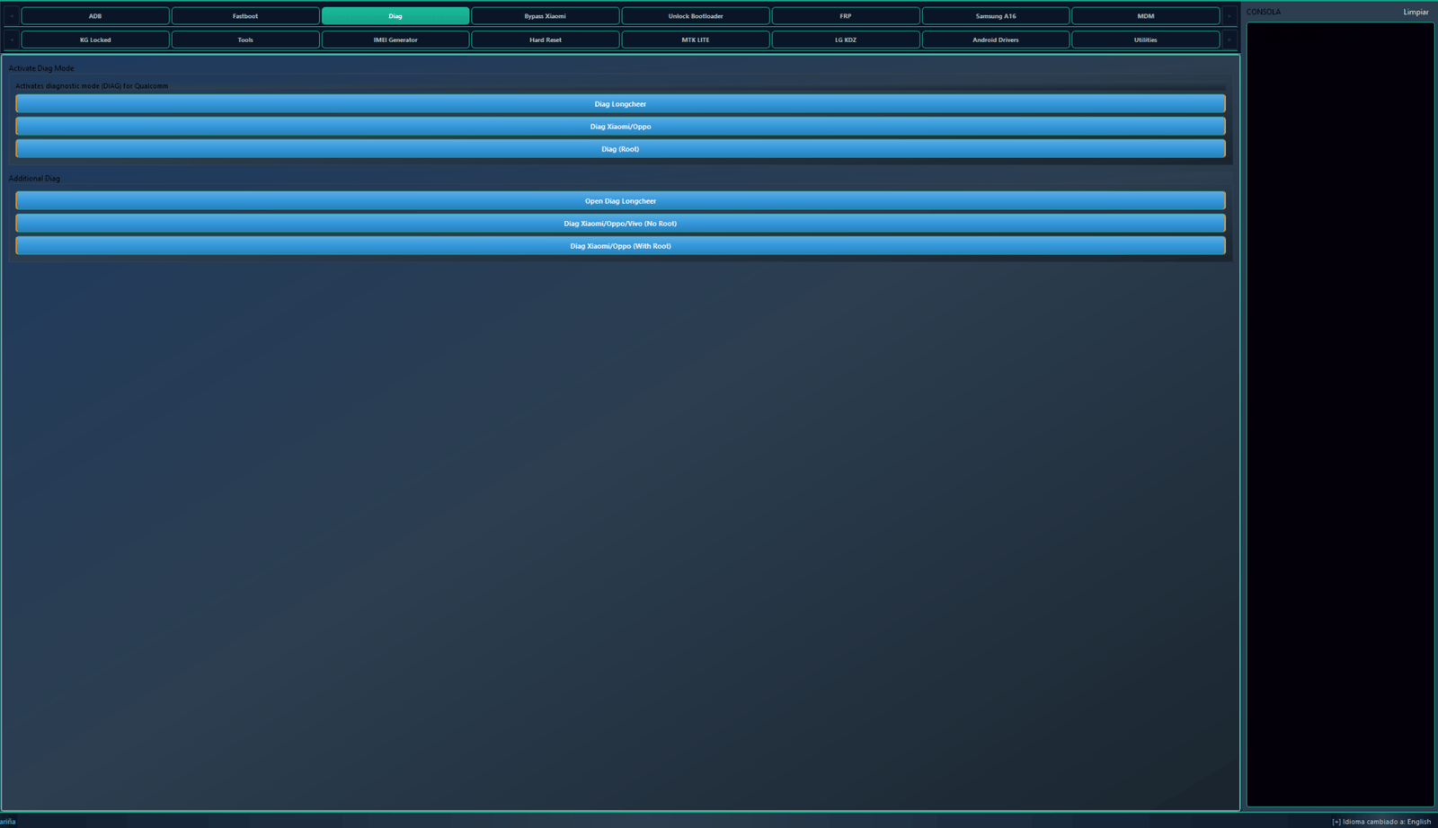 Clancells simple tools v6 bypass frp & unbrick androids 4 Diag tab in clancells simple tools showing options to activate diagnostic mode for qualcomm xiaomi oppo and vivo devices.