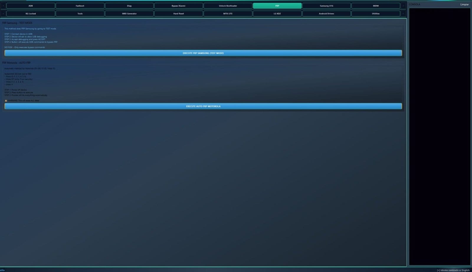 Clancells simple tools v6 bypass frp & unbrick androids 7 Frp tab in clancells simple tools showing bypass methods for samsung in test mode and an automatic frp removal tool for motorola devices.