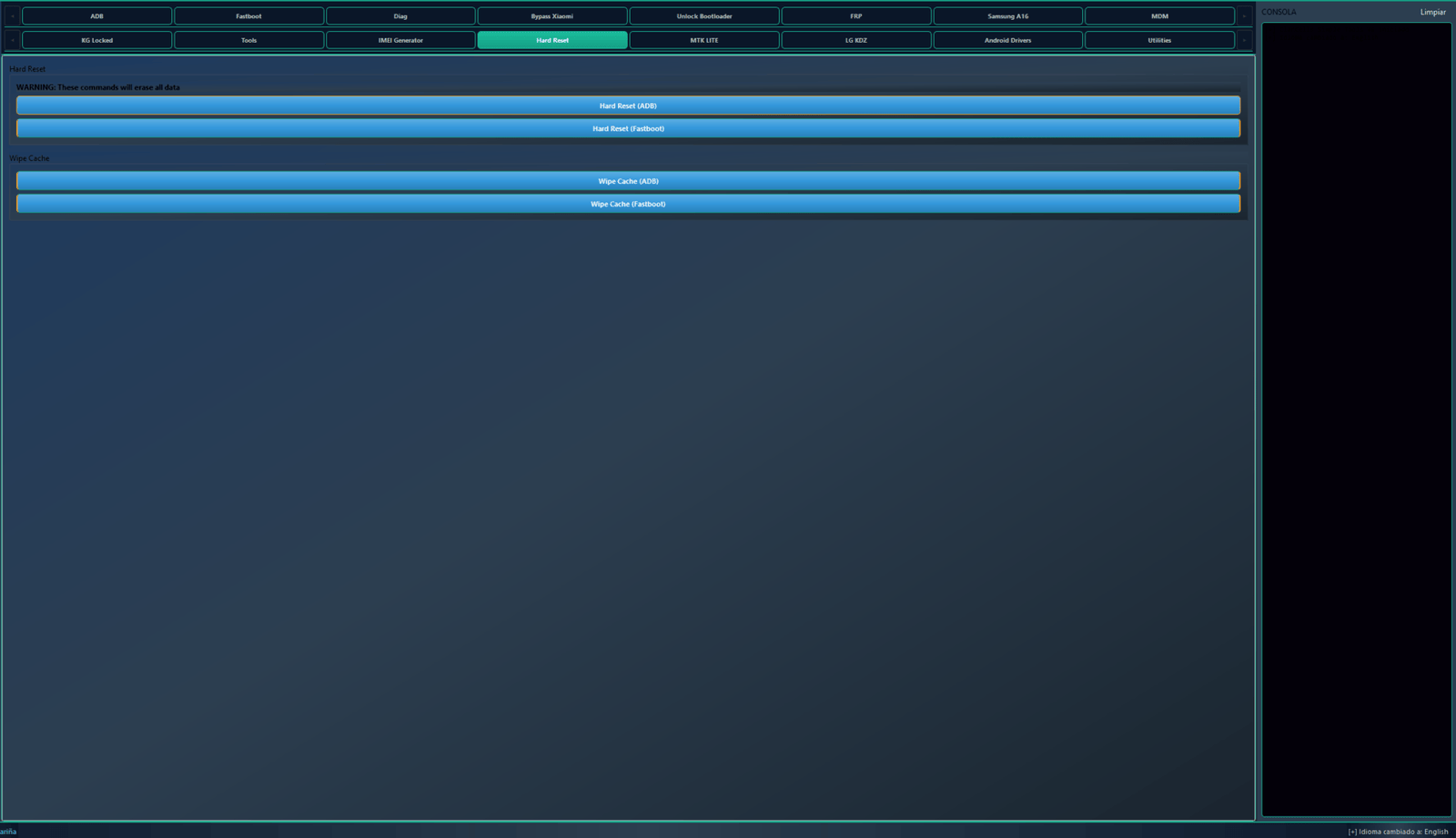 Clancells simple tools v6 bypass frp & unbrick androids 12 Hard reset tab in clancells simple tools showing options to perform a factory reset and wipe cache via adb or fastboot.