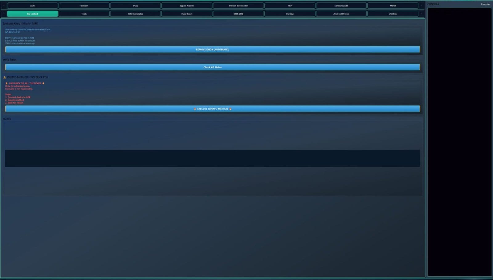 Clancells simple tools v6 bypass frp & unbrick androids 10 Kg locked tab in clancells simple tools showing safe and high-risk methods to remove samsung knox and check kg status.