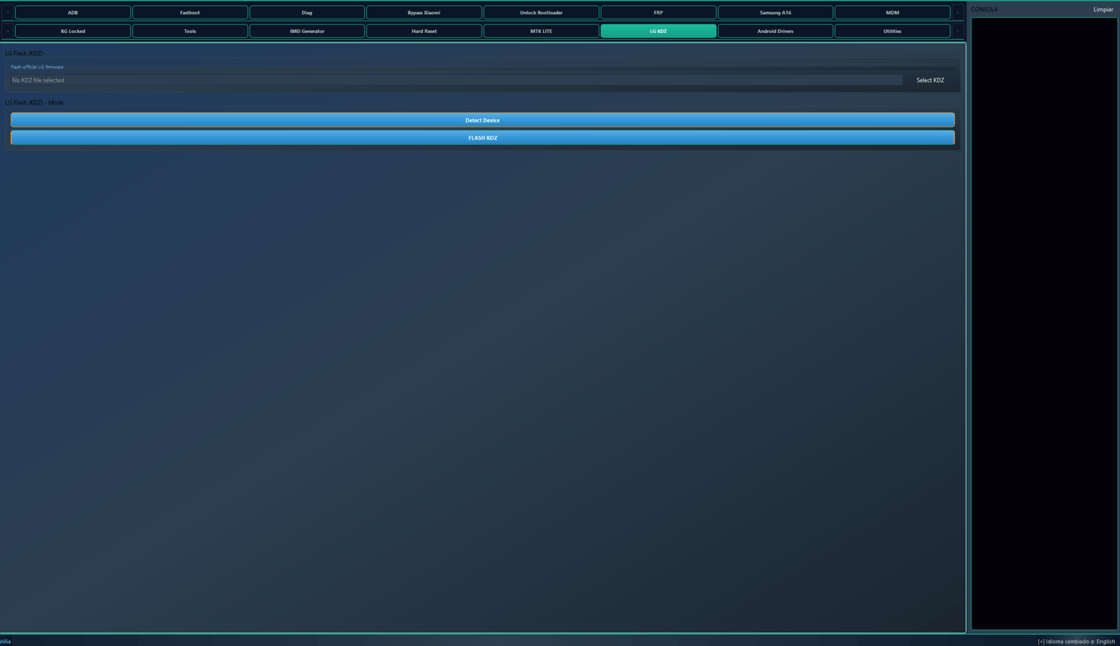 Clancells simple tools v6 bypass frp & unbrick androids 14 Lg kdz tab in clancells simple tools showing options to select and flash official lg firmware files.