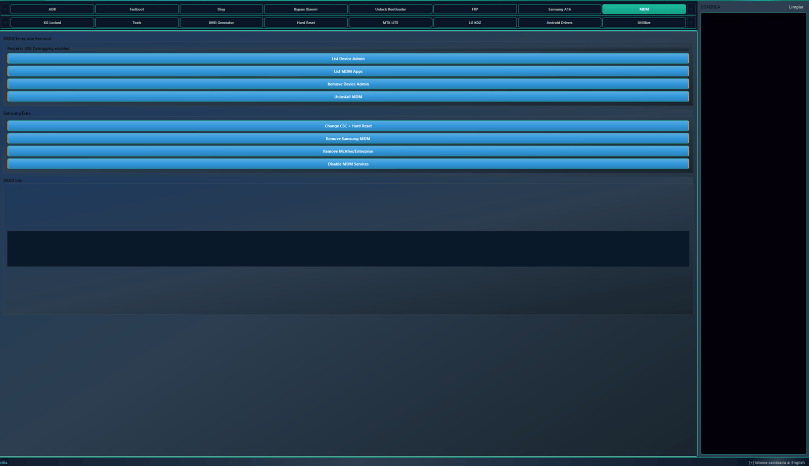 Clancells simple tools v6 bypass frp & unbrick androids 9 Mdm tab in clancells simple tools showing options for mdm/enterprise removal and samsung extra features like disabling mdm services.