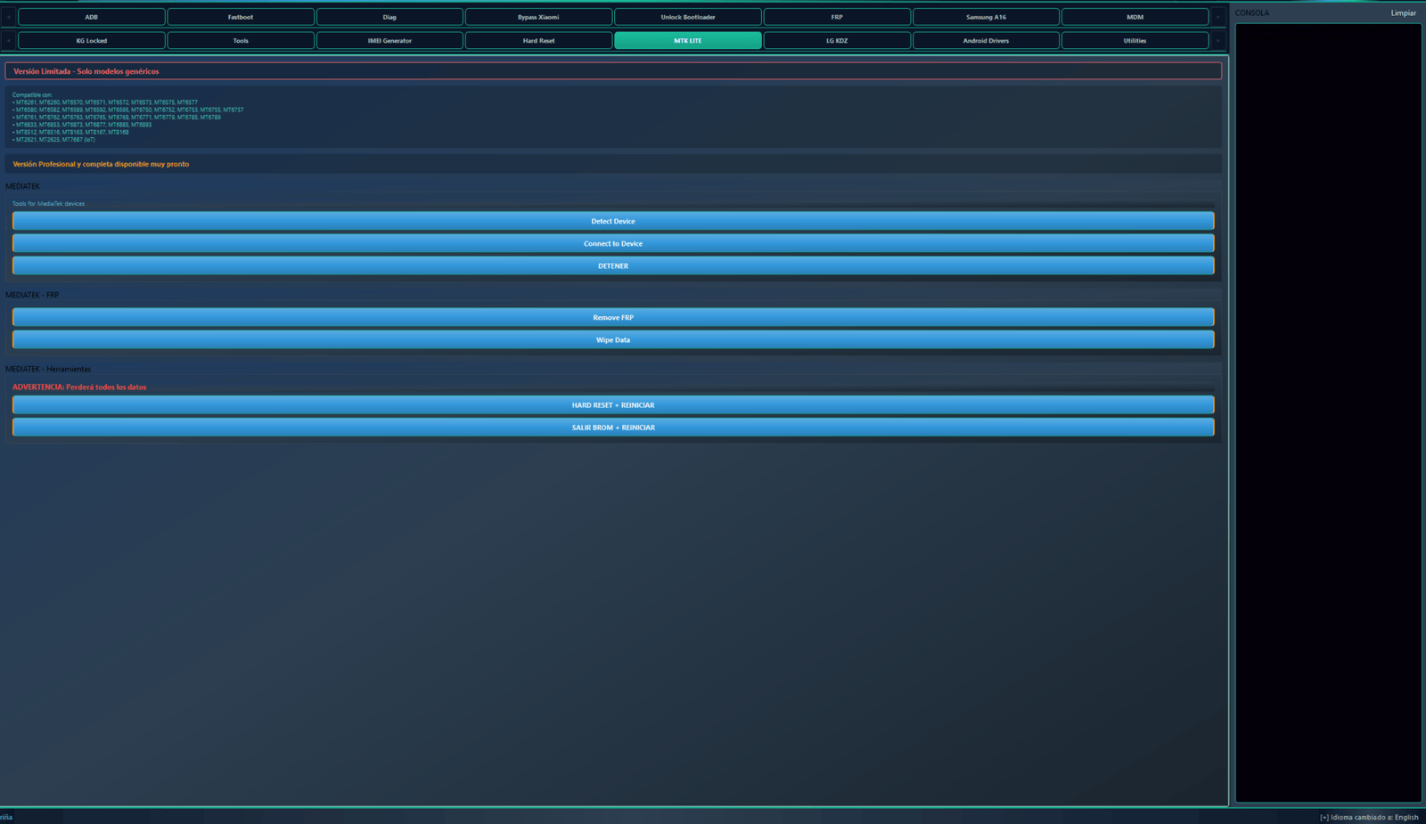 Clancells simple tools v6 bypass frp & unbrick androids 13 Mtk lite tab in clancells simple tools showing mediatek chipset compatibility frp bypass and brom exit tools.