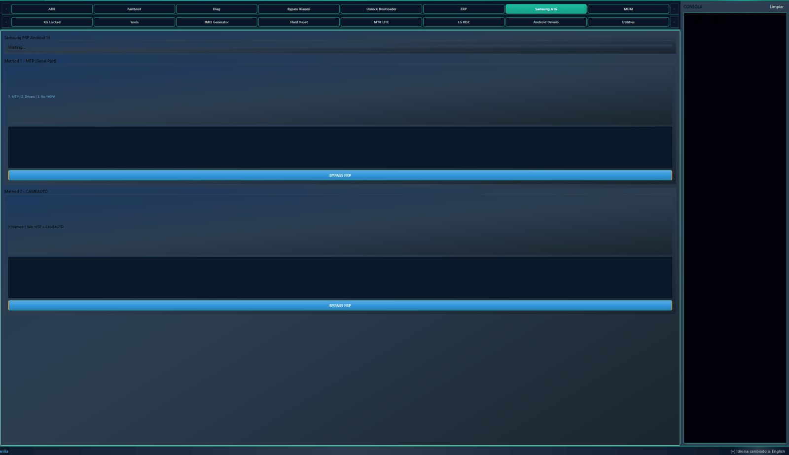 Clancells simple tools v6 bypass frp & unbrick androids 8 Samsung a16 tab in clancells simple tools showing two mtp methods for bypassing frp on android 16 devices without using test mode.