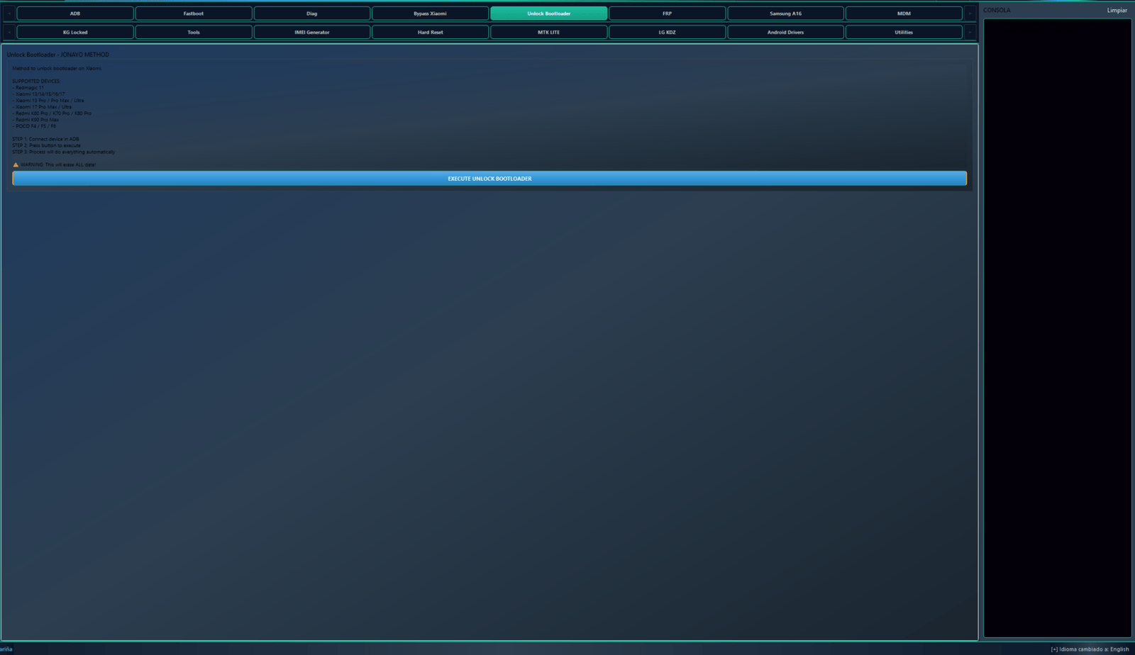 Clancells simple tools v6 bypass frp & unbrick androids 6 Unlock bootloader tab in clancells simple tools showing the jonayo method for unlocking xiaomi redmi and poco devices.