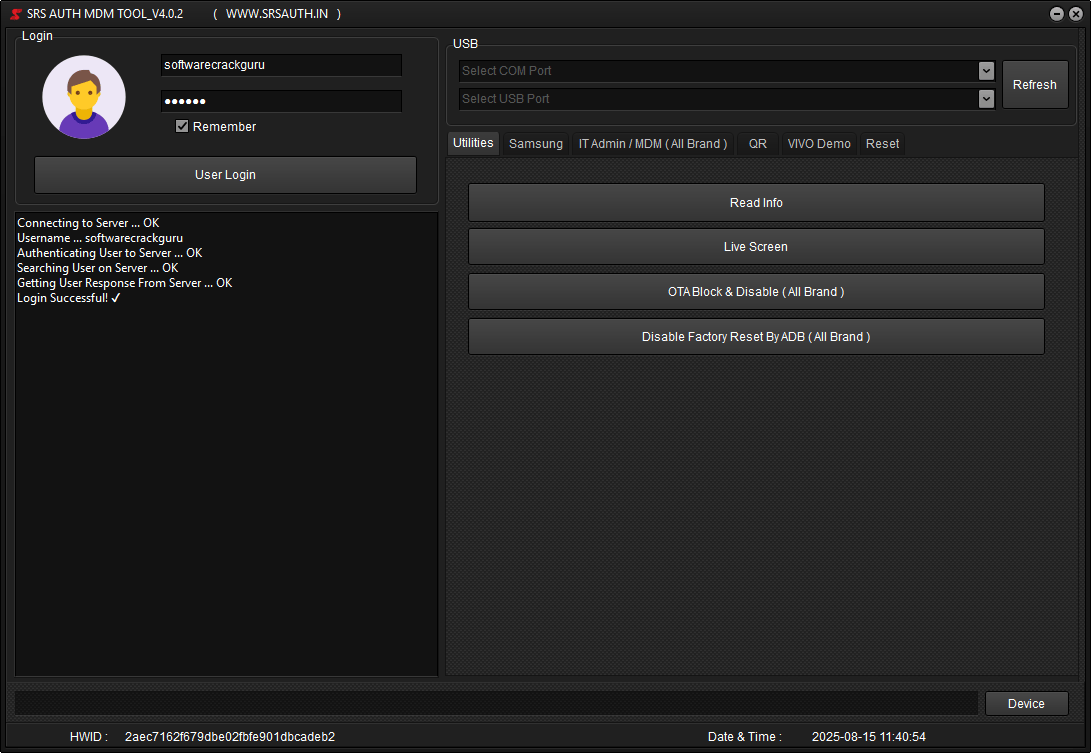 Srs auth mdm tool – samsung payjoy mdm bypass, it admin removal, and android kg bypass utilities Srs auth mdm tool interface showing utilities for samsung payjoy mdm bypass and it admin removal