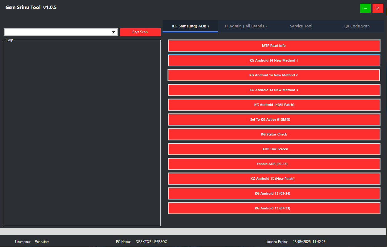 Gsm srinu tool kg samsung adb tab showing mtp read info kg android 14 patches imei activation adb live screen and android 13 unlock methods Gsm srinu tool v1. 0. 5 interface for android unlocking frp bypass mdm removal and samsung