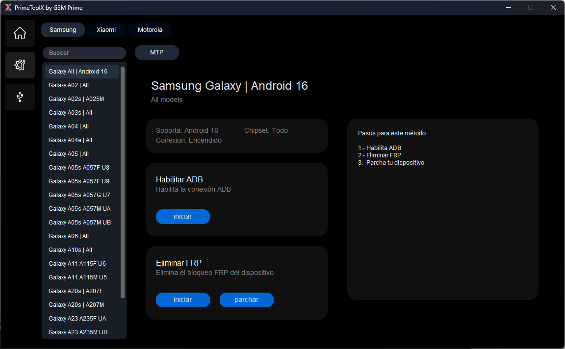 Primetool x v8. 5 latest version free download 2 Primetoolx by gsm prime interface showing supported samsung galaxy models for android services and device management.