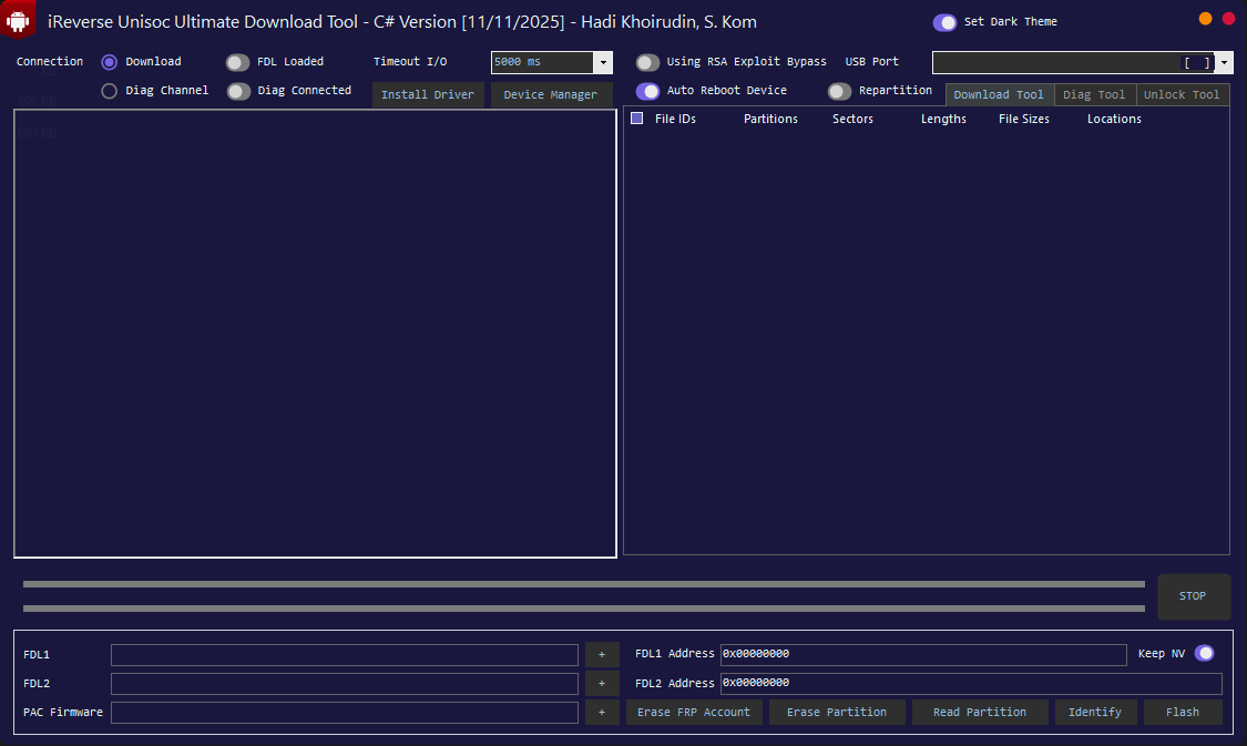 Ireverse unisoc ultimate download tool for frp flash and unlock 2 Screenshot showing ireverse unisoc ultimate download tool interface with pac firmware file loader and fdl1/fdl2 options.