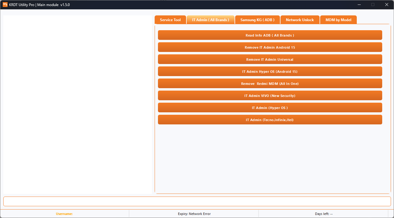 Krdt utility pro tool remove mdm, unlock sim & fix kg lock easily 3 Krdt utility pro tool interface showing options for removing mdm unlocking sim fixing kg lock and patching android security