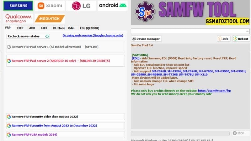 Samfw tool 5. 4 one-click samsung frp removal tool 2 Samfw tool interface showing features for bypassing micloud lock resetting frp and performing a factory reset.