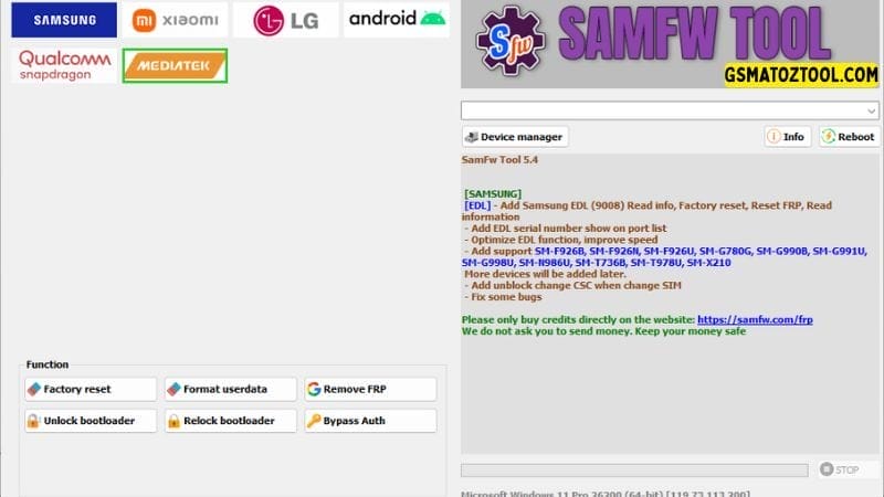 Samfw tool 5. 4 one-click samsung frp removal tool 18 Samfw frp tool mediatek device management options including frp removal and bootloader unlock.