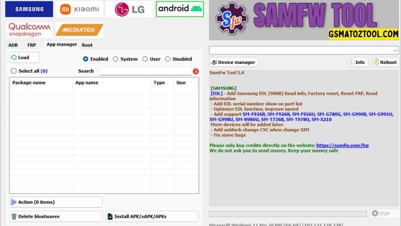 Samfw tool 5. 4 one-click samsung frp removal tool 16 Samfw tool displaying app manager features and frp removal options.