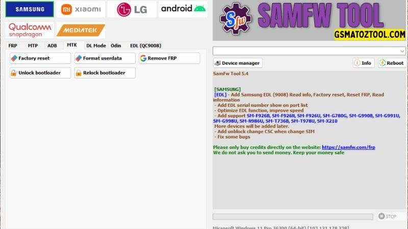 Samfw tool 5. 4 one-click samsung frp removal tool 5 Samfw tool interface displaying options for factory reset unlocking/locking bootloaders and formatting userdata.