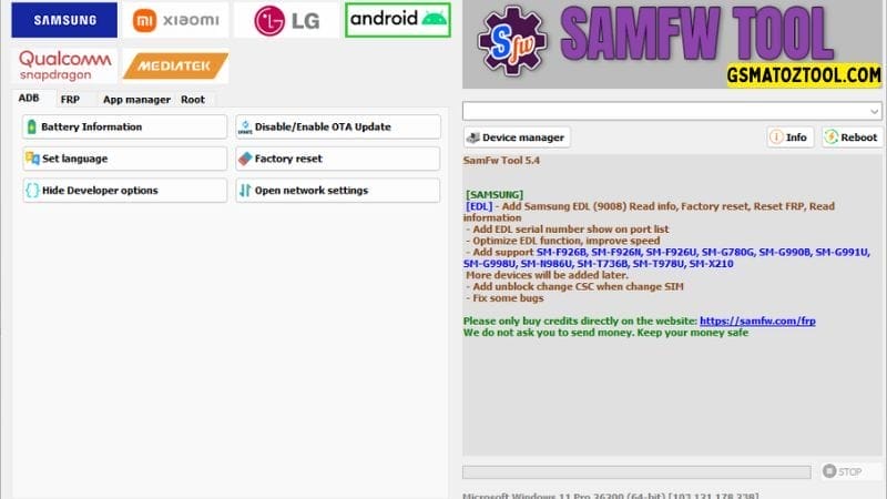 Samfw tool 5. 4 one-click samsung frp removal tool 14 Samfw tool interface showing options for battery information ota update factory reset and other android device management features.