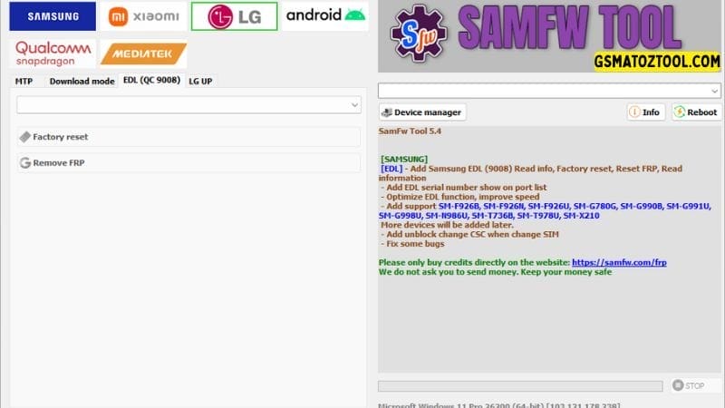 Samfw tool 5. 4 one-click samsung frp removal tool 13 Samfw tool interface showing the factory reset option for lg devices.