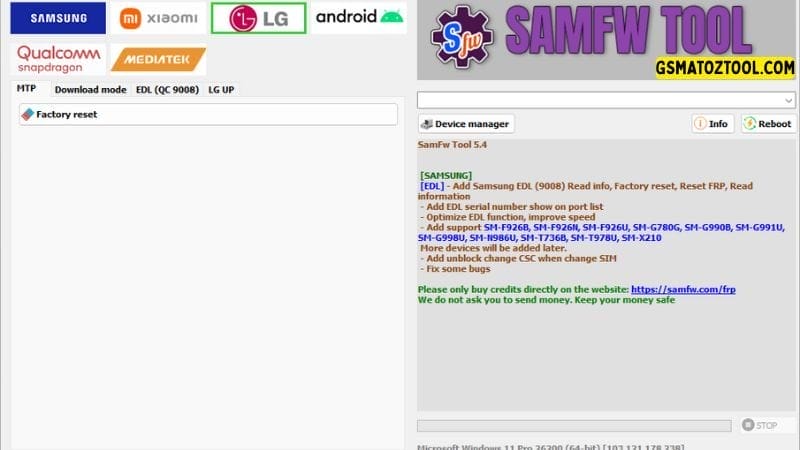 Samfw tool 5. 4 one-click samsung frp removal tool 12 Samfw tool interface showing the factory reset option for lg devices.