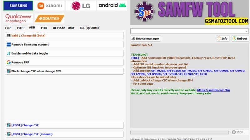 Samfw tool 5. 4 one-click samsung frp removal tool 4 Samfw tool interface showing options like removing samsung account enabling mobile data toggle and changing csc.
