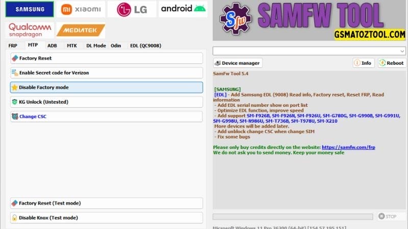 Samfw tool 5. 4 one-click samsung frp removal tool 3 Samfw tool interface showing options like factory reset disable factory mode and change csc.