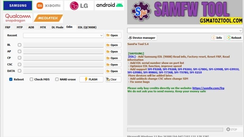 Samfw tool 5. 4 one-click samsung frp removal tool 7 Samfw tool interface showing options for opening firmware slots (bl ap cp csc data) and flashing options.
