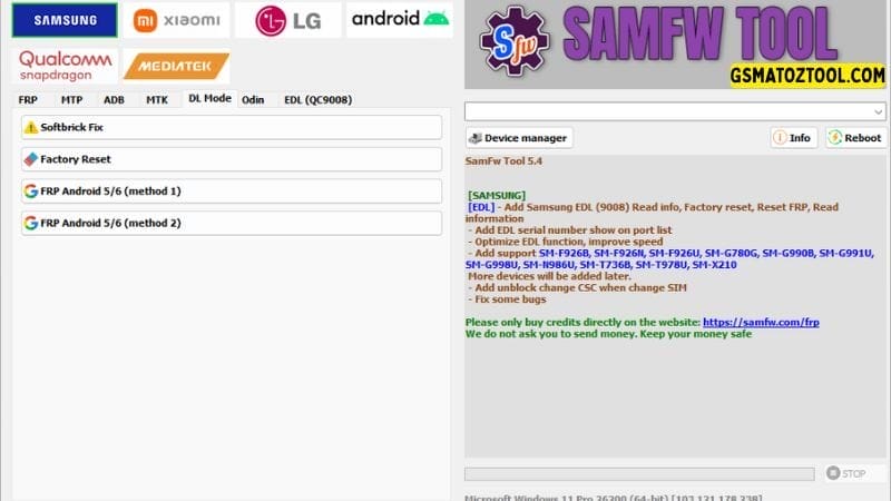 Samfw tool 5. 4 one-click samsung frp removal tool 6 Samfw tool interface showing options for softbrick fix factory reset and frp removal methods for android
