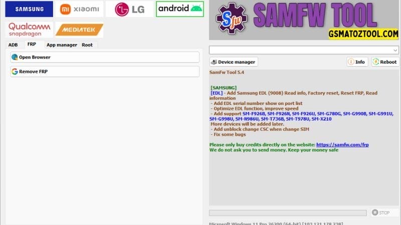 Samfw tool 5. 4 one-click samsung frp removal tool 15 Samfw tool showing frp removal and browser options.