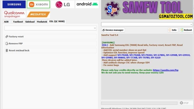Samfw tool 5. 4 one-click samsung frp removal tool 11 Samfw tool interface showing options for factory reset frp removal and resetting micloud lock.