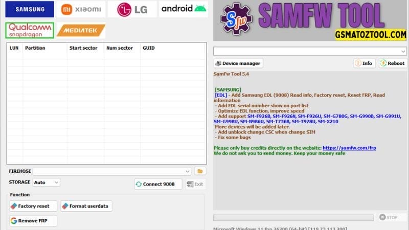 Samfw tool 5. 4 one-click samsung frp removal tool 17 Samfw frp tool showing qualcomm firehose options for device management and frp removal.