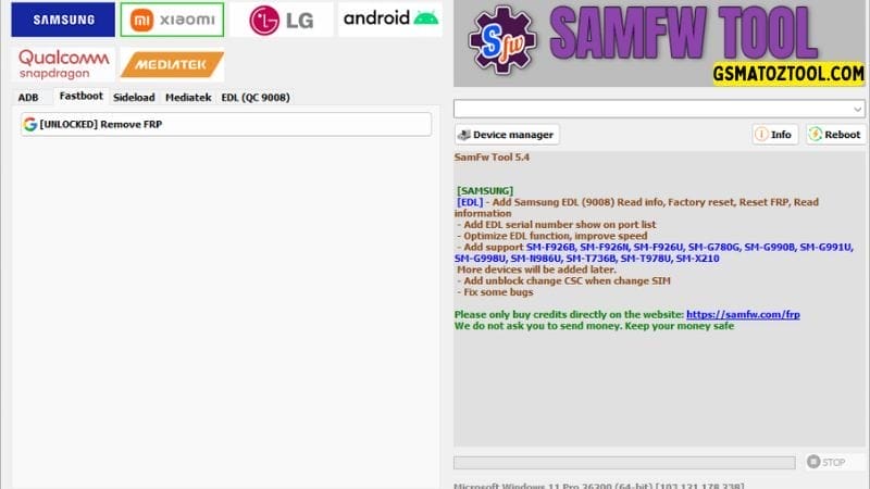Samfw tool 5. 4 one-click samsung frp removal tool 9 Samfw tool interface showing the unlocked frp removal feature.