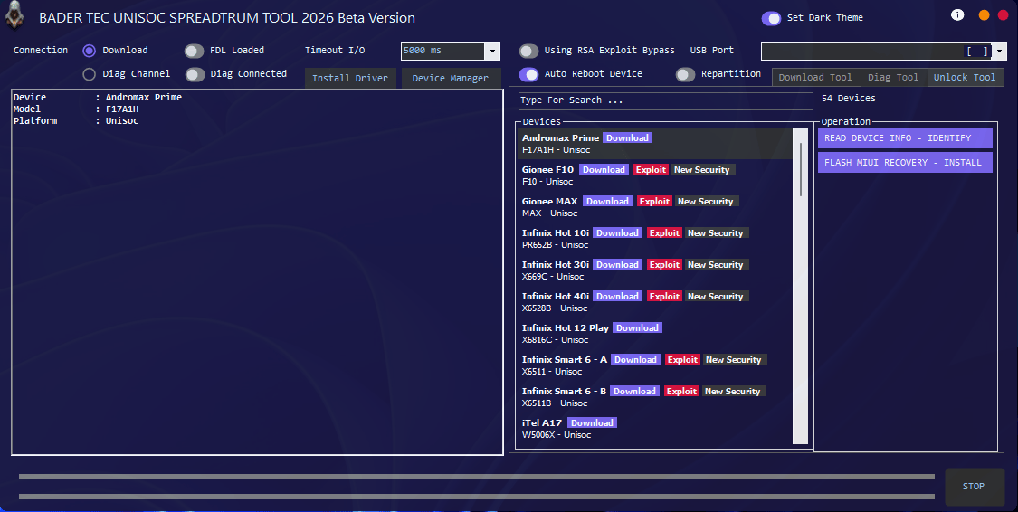 Bader tec unisoc spreadtrum tool download for flashing and frp removal 4 Spreadtrum unlock tool interface showing frp removal flashing and diagnostic options for unisoc devices