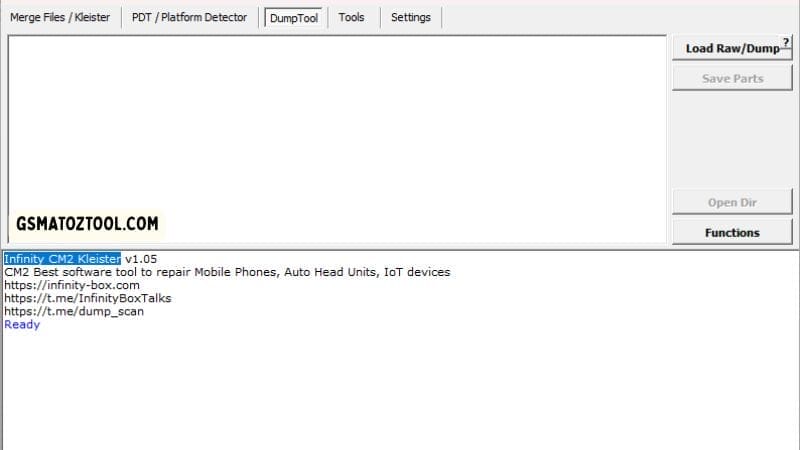Infinity cm2 kleister tool free download (latest version) 4 Infinity cm2 kleister tool dumptool tab showing load raw dump and save parts options.