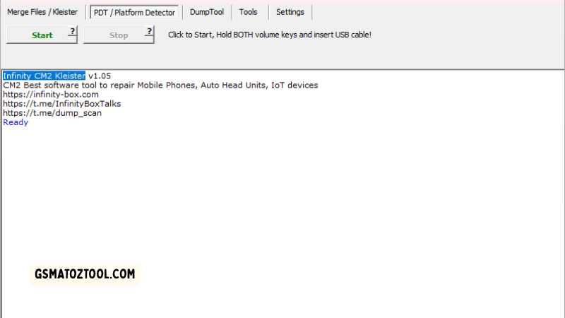 Infinity cm2 kleister tool platform detector tab showing usb connection instructions.
