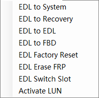 Multiflash tool latest version for qualcomm mtk & spreadtrum devices 3 Multiflash tool edl options list showing edl to system recovery factory reset erase frp switch slot and activate lun functions.