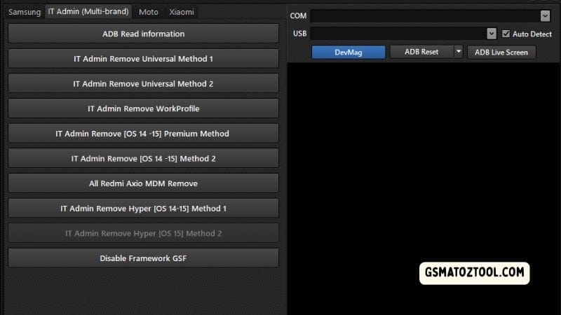 Ssm tool v1. 0. 0. 3 all-in-one unlocking tool for android devices 4 Ssmtool it admin (multi-brand) tab showing adb read info it admin remove methods workprofile removal redmi aixo mdm remove hyper os methods and disable framework gsf options.