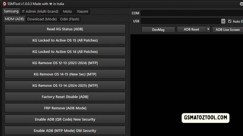 Ssmtool showing samsung it admin (multi-brand) mdm (adb) options including kg status kg remove frp remove and adb enable