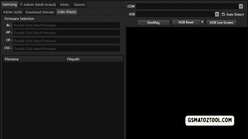 Ssmtool samsung download mode – odin flash tab with firmware selection fields for bl ap cp csc and flash device button.