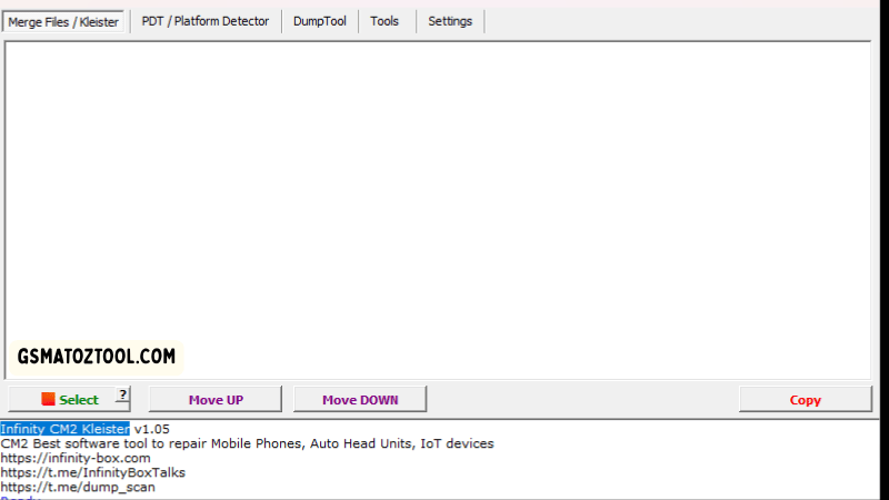 Infinity cm2 kleister tool free download (latest version) 2 Infinity cm2 kleister software dashboard showing merge files and platform detector tabs.
