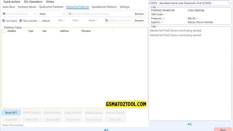 Multiflash tool latest version for qualcomm mtk & spreadtrum devices 7 Multiflash tool mediatek platform interface showing chip model selection da file and scatter file options exploit features and partition table for mtk devices.