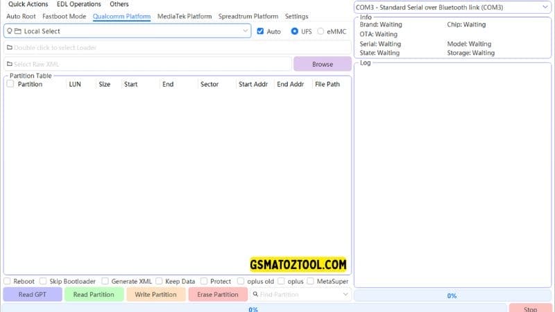 Multiflash tool latest version for qualcomm mtk & spreadtrum devices 6 Multiflash tool qualcomm platform interface showing edl loader selection raw xml loading ufs/emmc options partition table and read/write/erase functions.