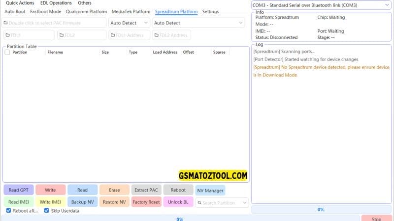 Multiflash tool latest version for qualcomm mtk & spreadtrum devices 8 Multiflash tool spreadtrum platform interface showing pac firmware selection fdl files auto-detect options partition table and spreadtrum device log.