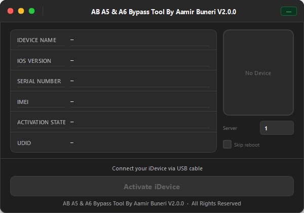Ab a5 & a6 bypass tool interface showing one-click icloud bypass for iphone 5 and ipad devices on windows computer