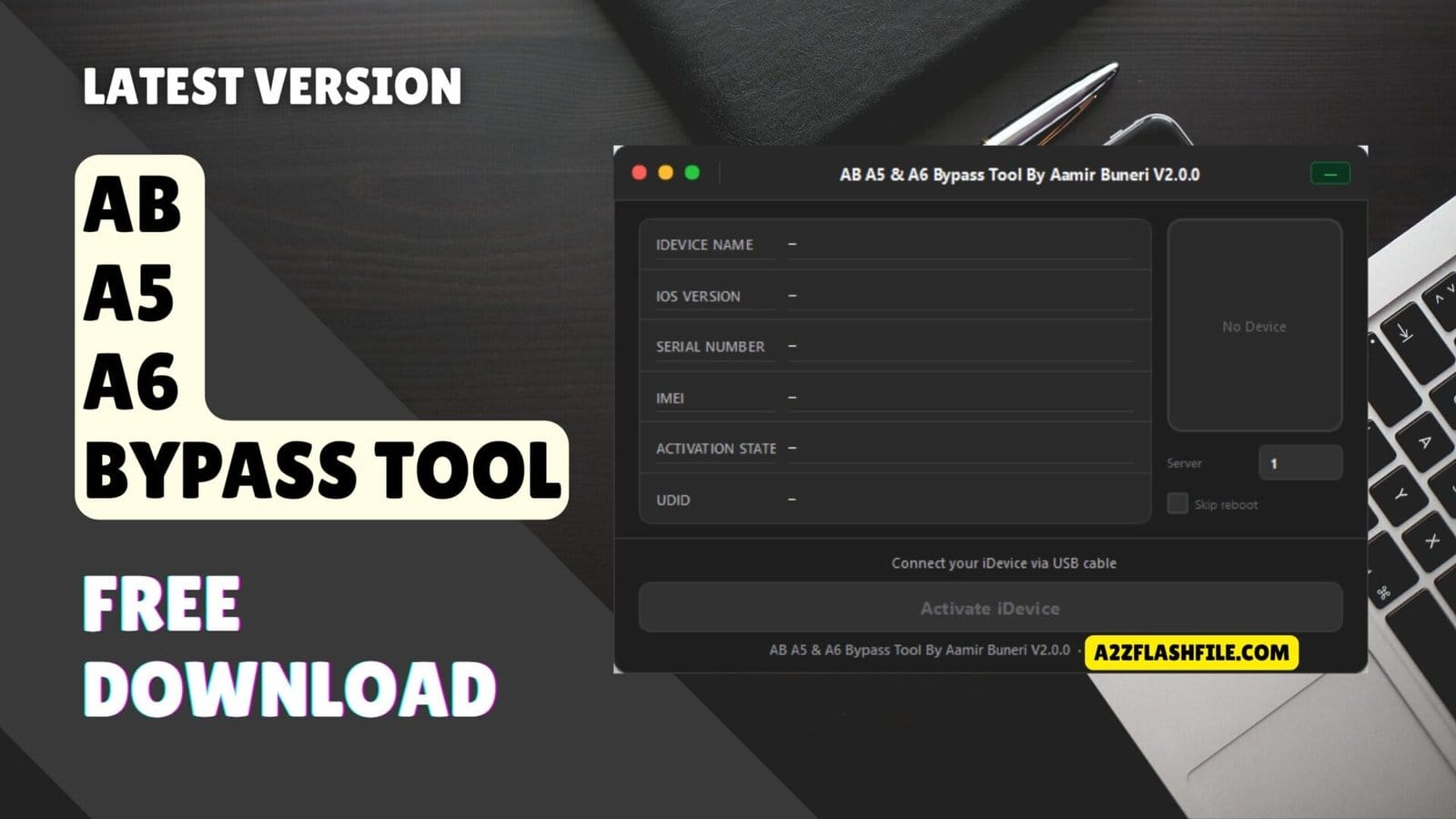 Ab a5 & a6 bypass tool interface showing one-click icloud bypass option for iphone 5 and ipad devices on windows computer screen