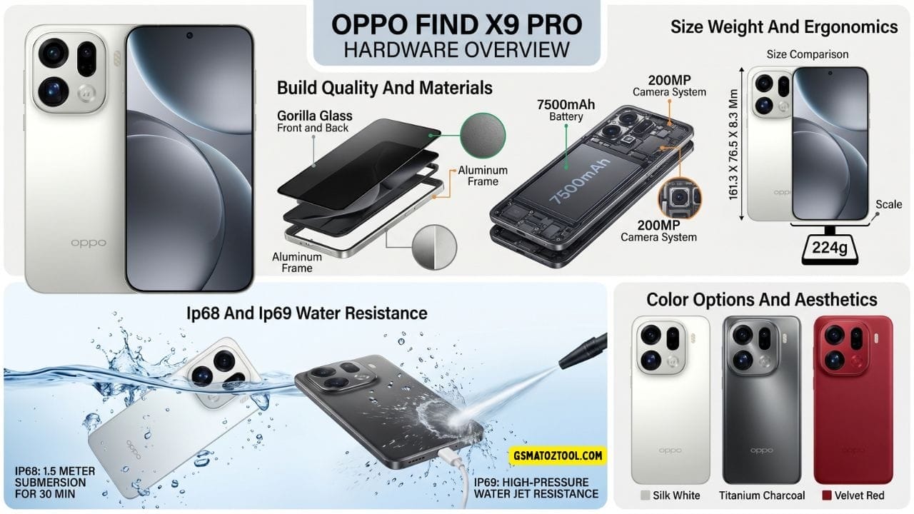 Oppo find x9 pro review smartphone in titanium charcoal showing 200mp periscope telephoto camera 6. 78-inch ltpo amoled display and premium aluminum frame with gorilla glass build